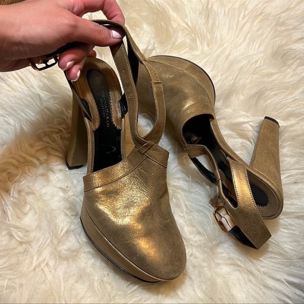 Donna Karan Collection Gold Leather Platform Heels Pumps Strappy Metallic